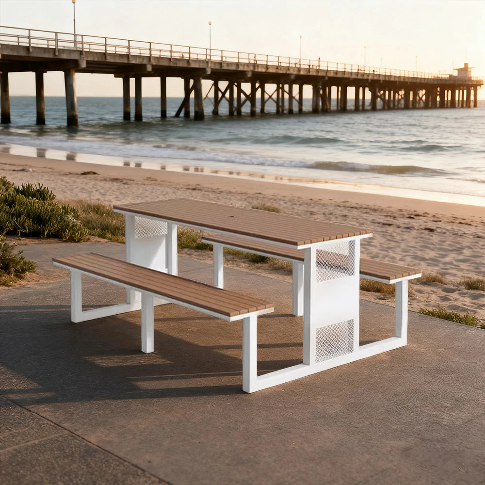 SOLARA Outdoor Table & Chair Set 120/160/200cm High-Temp Coated Steel Frame Strong Load-Bearing Waterproof Plastic-Wood Smooth Finish - White