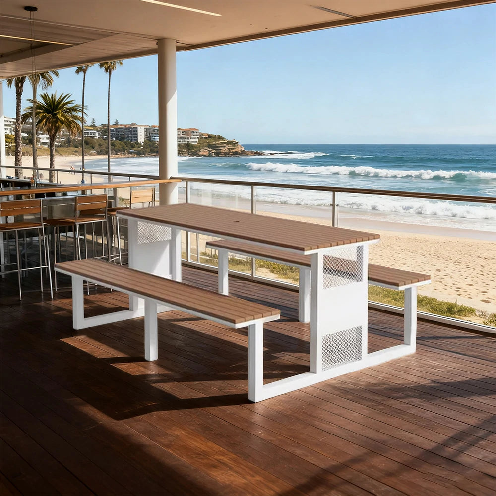 SOLARA Outdoor Table & Chair Set 120/160/200cm High-Temp Coated Steel Frame Strong Load-Bearing Waterproof Plastic-Wood Smooth Finish - White