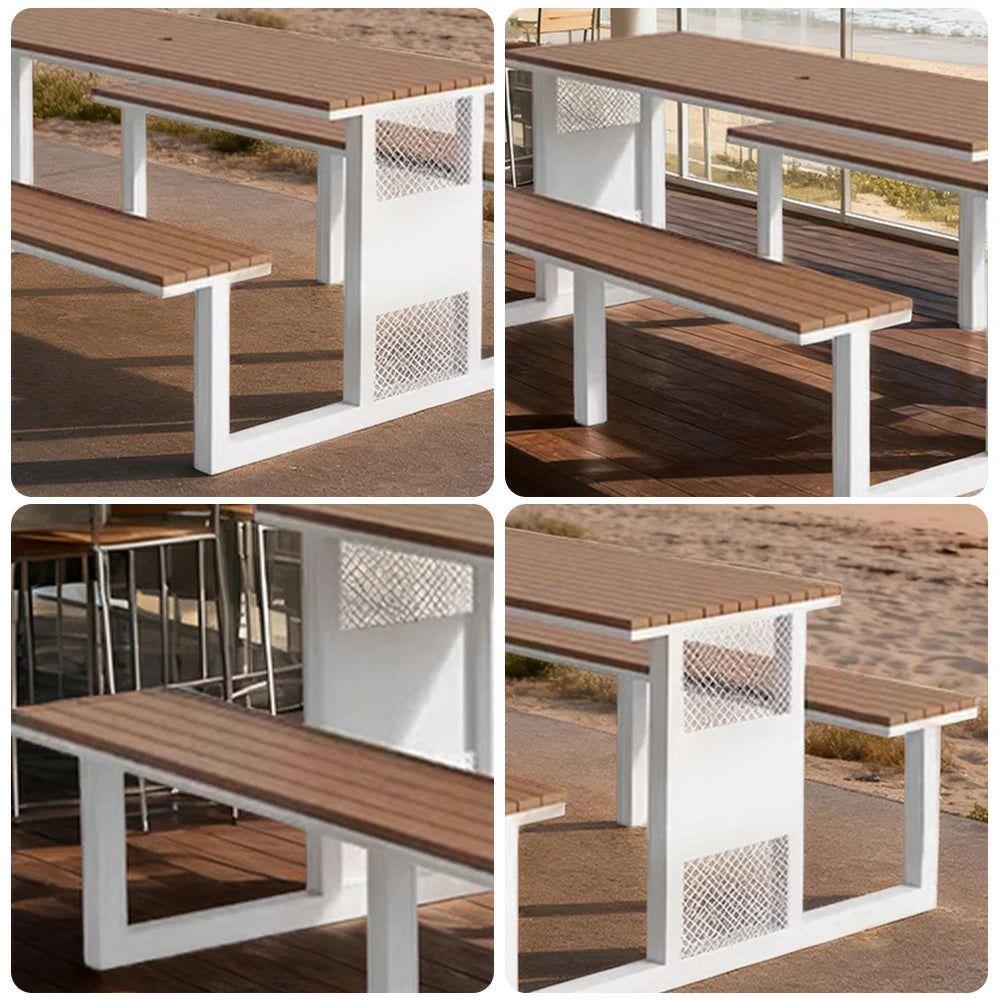 SOLARA Outdoor Table & Chair Set 120/160/200cm High-Temp Coated Steel Frame Strong Load-Bearing Waterproof Plastic-Wood Smooth Finish - White