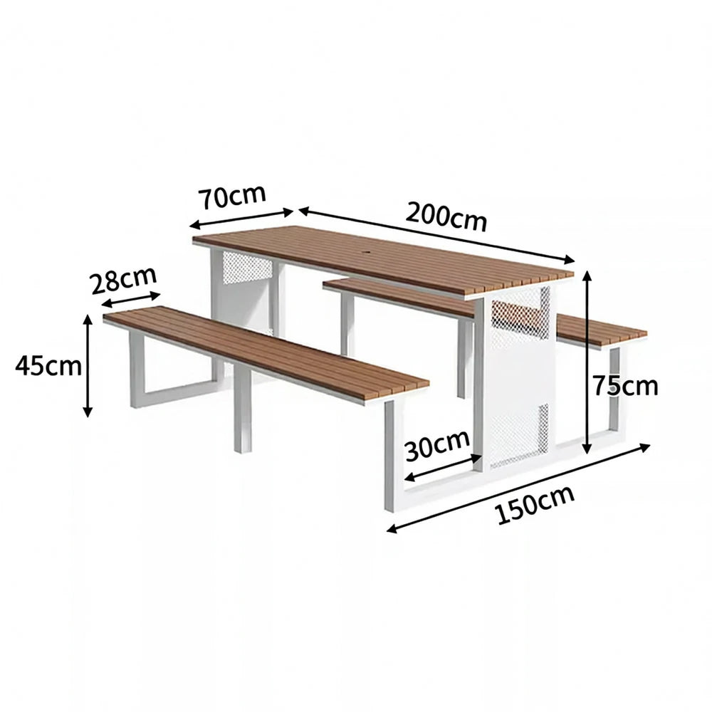 SOLARA Outdoor Table & Chair Set 120/160/200cm High-Temp Coated Steel Frame Strong Load-Bearing Waterproof Plastic-Wood Smooth Finish - White