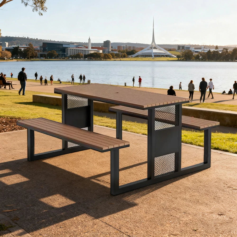 SOLARA Outdoor Table & Chair Set 120/160/200cm High-Temp Coated Steel Frame Strong Load-Bearing Waterproof Plastic-Wood Smooth Finish - Black