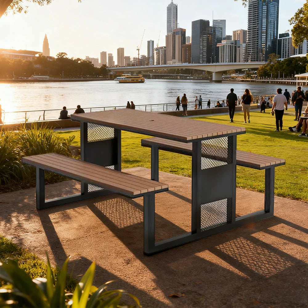 SOLARA Outdoor Table & Chair Set 120/160/200cm High-Temp Coated Steel Frame Strong Load-Bearing Waterproof Plastic-Wood Smooth Finish - Black