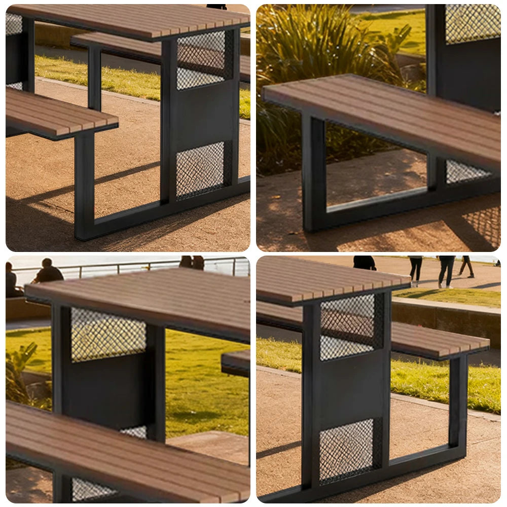 SOLARA Outdoor Table & Chair Set 120/160/200cm High-Temp Coated Steel Frame Strong Load-Bearing Waterproof Plastic-Wood Smooth Finish - Black