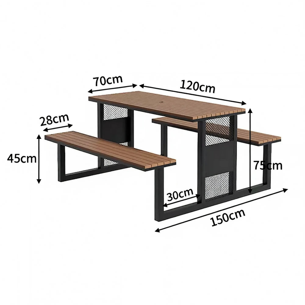 SOLARA Outdoor Table & Chair Set 120/160/200cm High-Temp Coated Steel Frame Strong Load-Bearing Waterproof Plastic-Wood Smooth Finish - Black