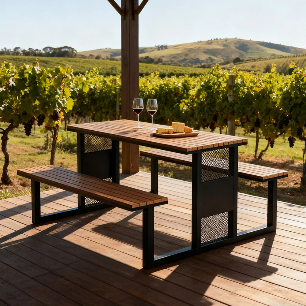 SOLARA Outdoor Table & Chair Set 120/160/200cm High-Temp Coated Steel Frame Strong Load-Bearing Waterproof Plastic-Wood Smooth Finish - Black