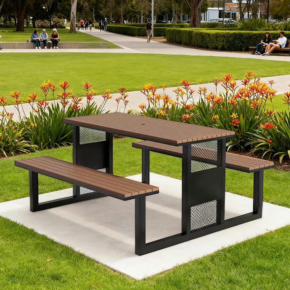 SOLARA Outdoor Table & Chair Set 120/160/200cm High-Temp Coated Steel Frame Strong Load-Bearing Waterproof Plastic-Wood Smooth Finish - Black