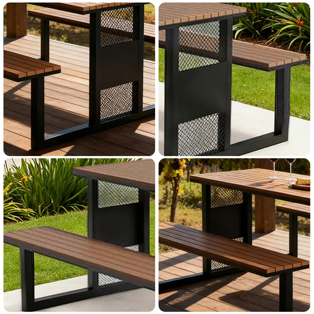 SOLARA Outdoor Table & Chair Set 120/160/200cm High-Temp Coated Steel Frame Strong Load-Bearing Waterproof Plastic-Wood Smooth Finish - Black