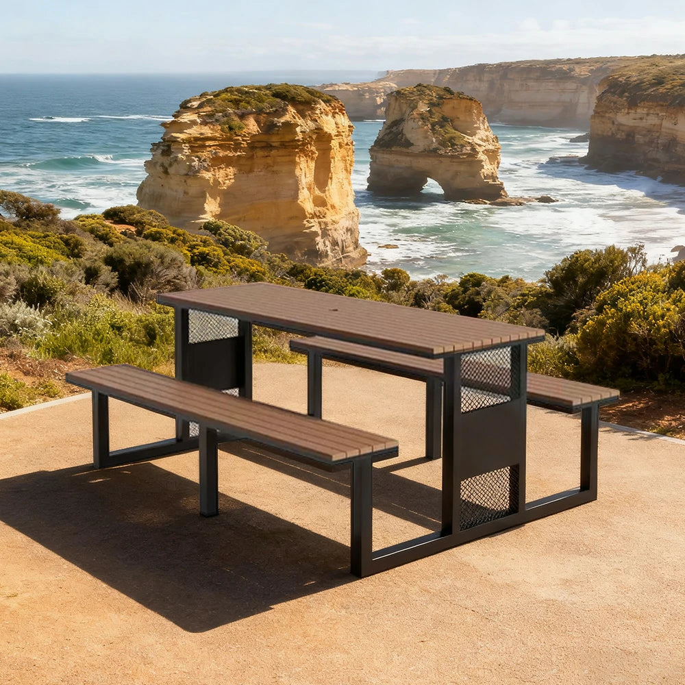 SOLARA Outdoor Table & Chair Set 120/160/200cm High-Temp Coated Steel Frame Strong Load-Bearing Waterproof Plastic-Wood Smooth Finish - Black