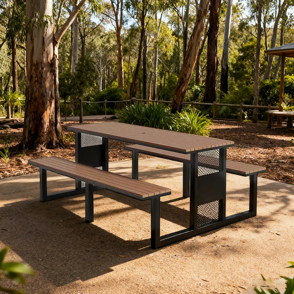 SOLARA Outdoor Table & Chair Set 120/160/200cm High-Temp Coated Steel Frame Strong Load-Bearing Waterproof Plastic-Wood Smooth Finish - Black