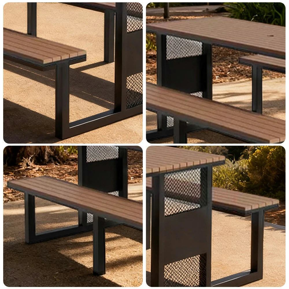 SOLARA Outdoor Table & Chair Set 120/160/200cm High-Temp Coated Steel Frame Strong Load-Bearing Waterproof Plastic-Wood Smooth Finish - Black