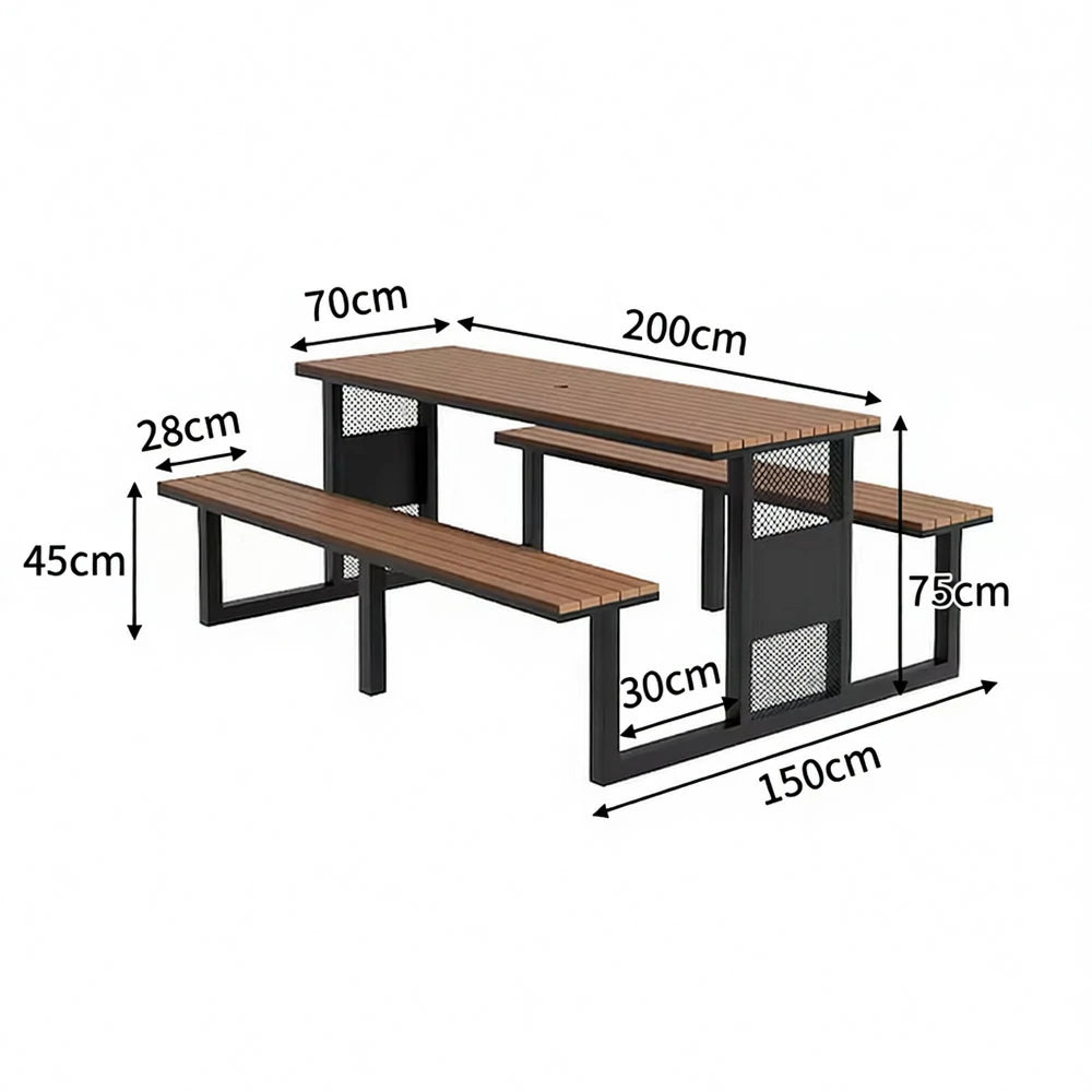 SOLARA Outdoor Table & Chair Set 120/160/200cm High-Temp Coated Steel Frame Strong Load-Bearing Waterproof Plastic-Wood Smooth Finish - Black