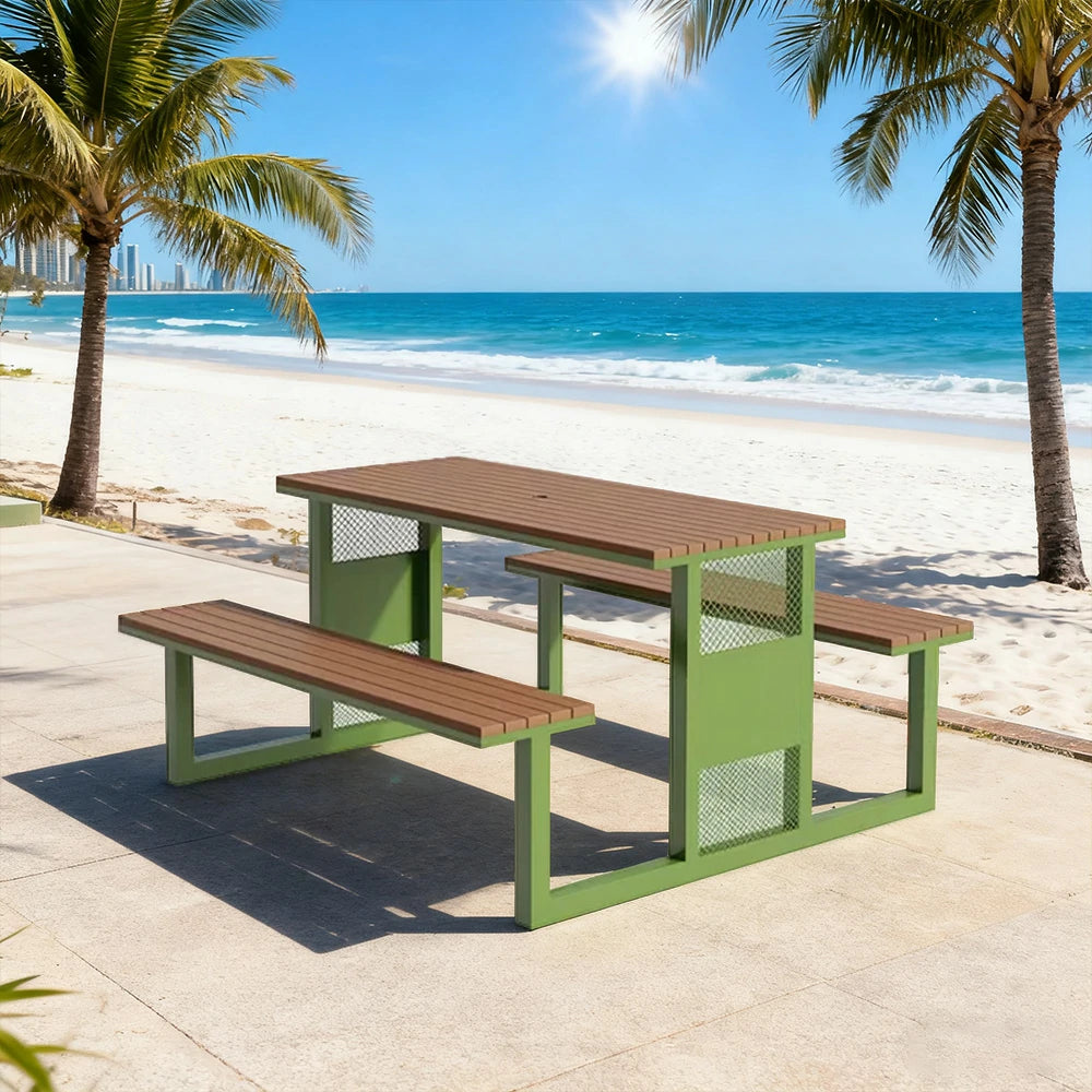 SOLARA Outdoor Table & Chair Set 120/160/200cm High-Temp Coated Steel Frame Strong Load-Bearing Waterproof Plastic-Wood Smooth Finish - Green
