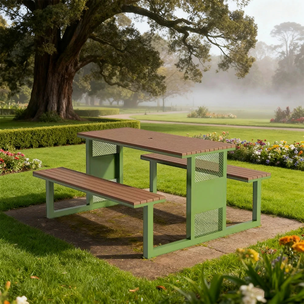 SOLARA Outdoor Table & Chair Set 120/160/200cm High-Temp Coated Steel Frame Strong Load-Bearing Waterproof Plastic-Wood Smooth Finish - Green