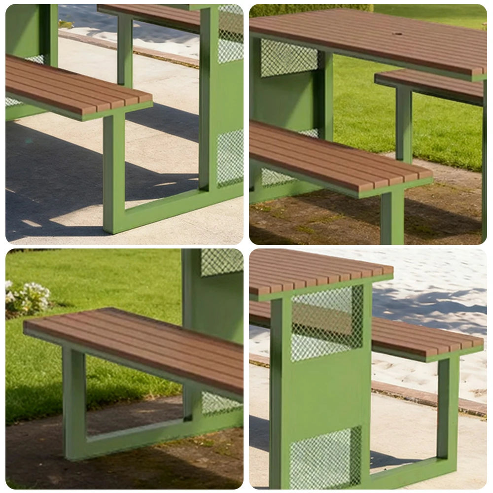 SOLARA Outdoor Table & Chair Set 120/160/200cm High-Temp Coated Steel Frame Strong Load-Bearing Waterproof Plastic-Wood Smooth Finish - Green