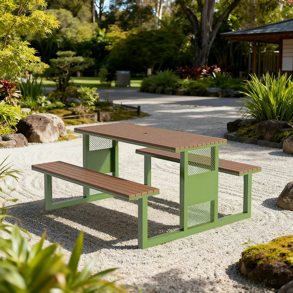 SOLARA Outdoor Table & Chair Set 120/160/200cm High-Temp Coated Steel Frame Strong Load-Bearing Waterproof Plastic-Wood Smooth Finish - Green