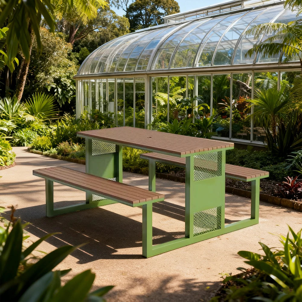 SOLARA Outdoor Table & Chair Set 120/160/200cm High-Temp Coated Steel Frame Strong Load-Bearing Waterproof Plastic-Wood Smooth Finish - Green