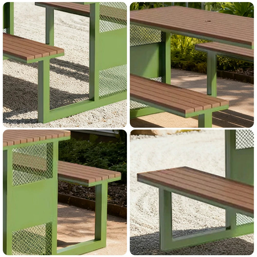 SOLARA Outdoor Table & Chair Set 120/160/200cm High-Temp Coated Steel Frame Strong Load-Bearing Waterproof Plastic-Wood Smooth Finish - Green