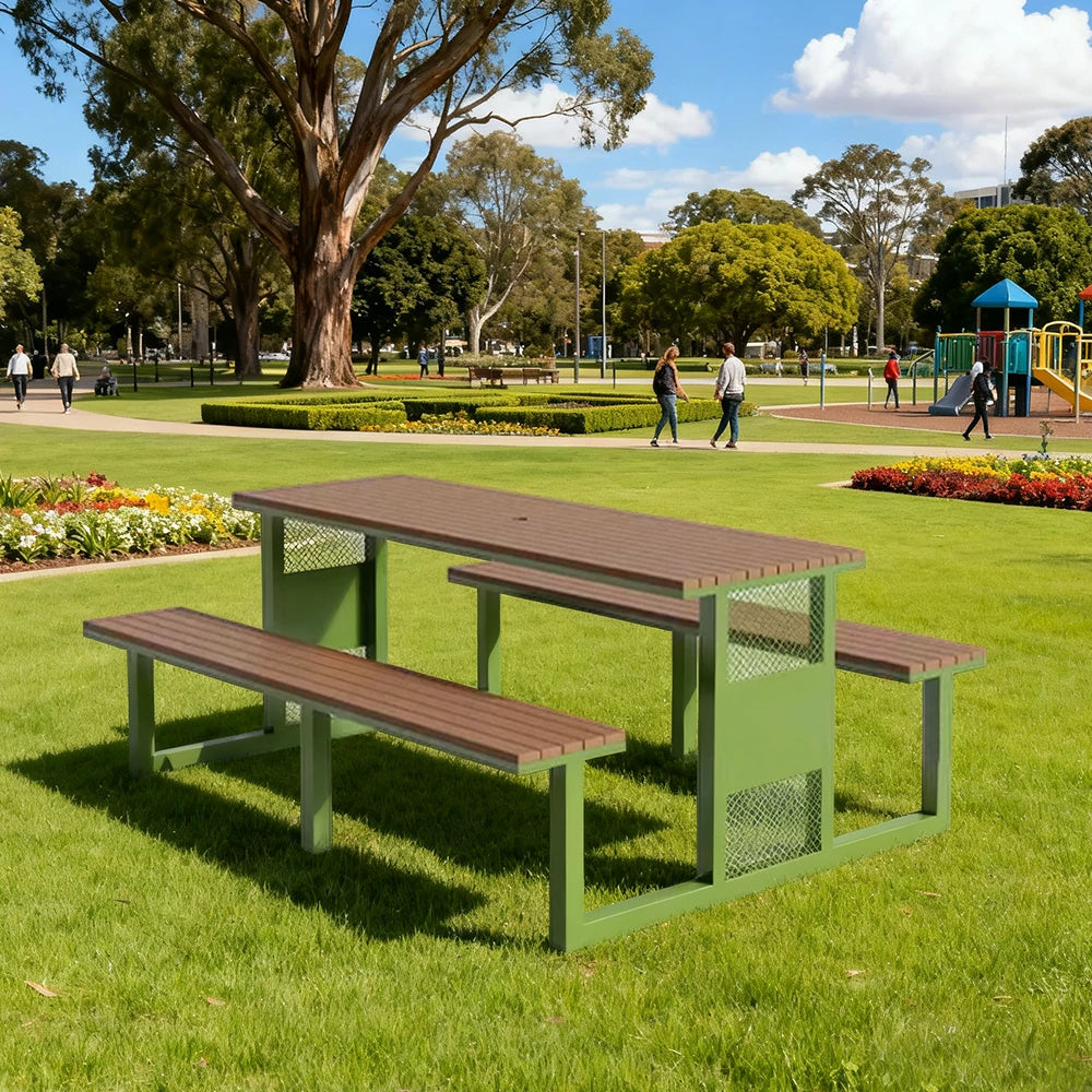 SOLARA Outdoor Table & Chair Set 120/160/200cm High-Temp Coated Steel Frame Strong Load-Bearing Waterproof Plastic-Wood Smooth Finish - Green