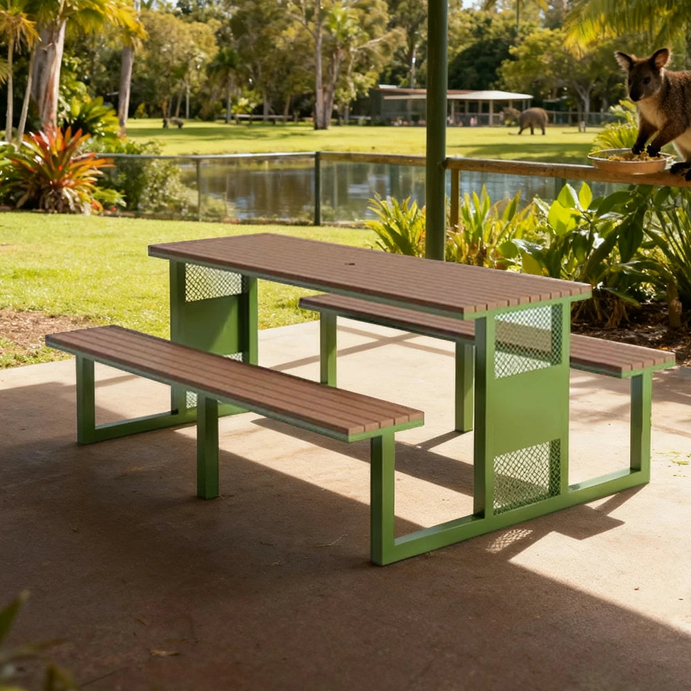 SOLARA Outdoor Table & Chair Set 120/160/200cm High-Temp Coated Steel Frame Strong Load-Bearing Waterproof Plastic-Wood Smooth Finish - Green