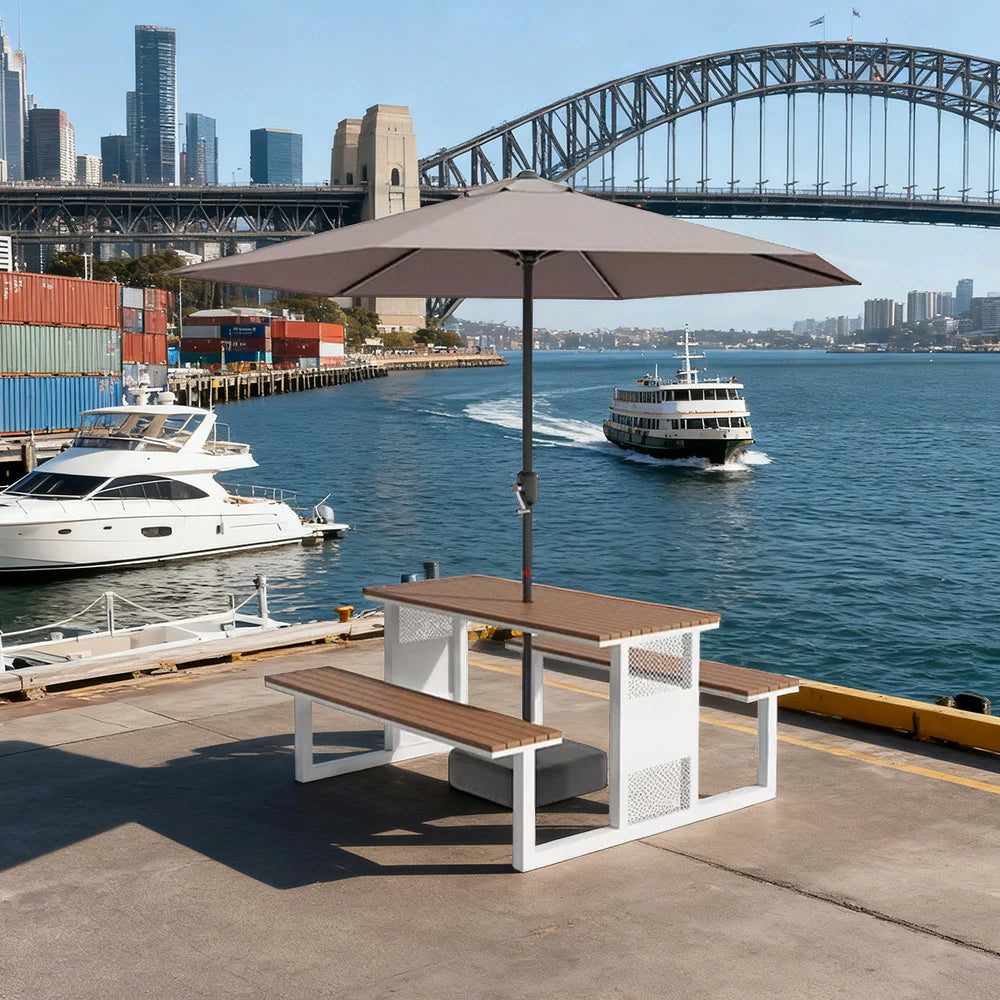 SOLARA Outdoor Table, Chair & Umbrella Set 120/160/200cm High-Temp Coated Steel Frame Strong Load-Bearing Waterproof Plastic-Wood Smooth Finish - White