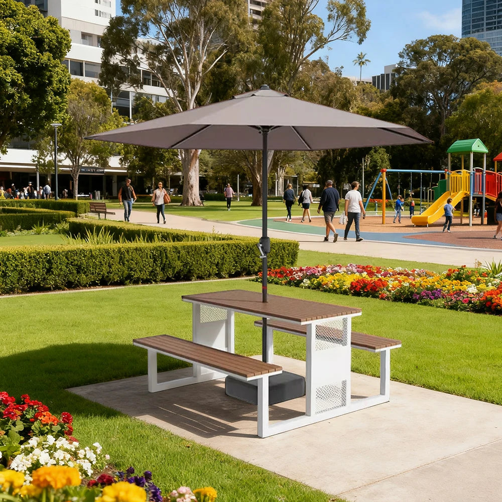 SOLARA Outdoor Table, Chair & Umbrella Set 120/160/200cm High-Temp Coated Steel Frame Strong Load-Bearing Waterproof Plastic-Wood Smooth Finish - White