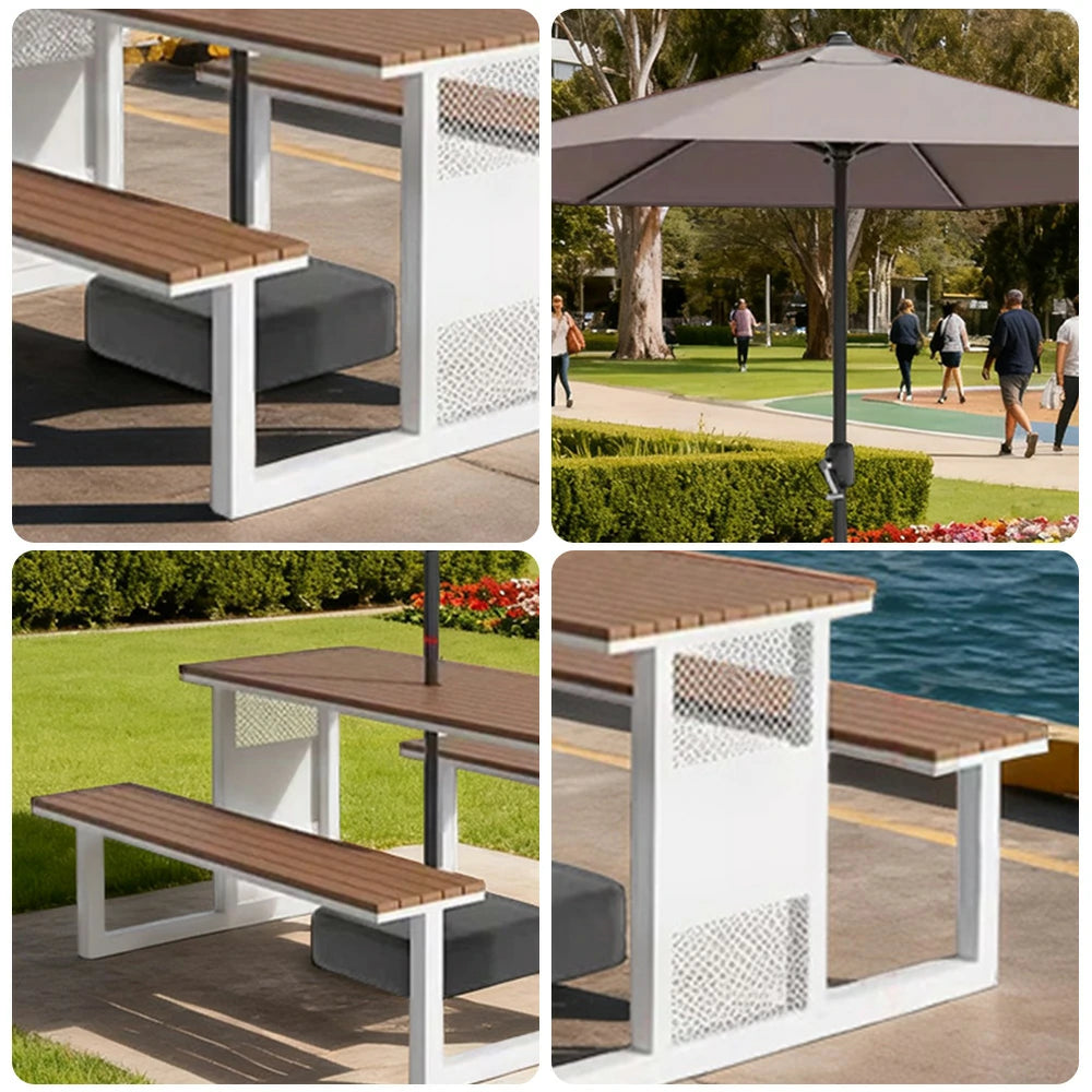 SOLARA Outdoor Table, Chair & Umbrella Set 120/160/200cm High-Temp Coated Steel Frame Strong Load-Bearing Waterproof Plastic-Wood Smooth Finish - White