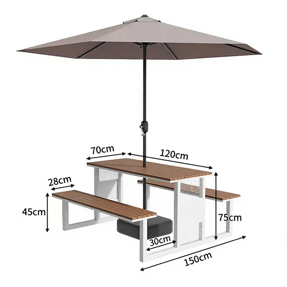 SOLARA Outdoor Table, Chair & Umbrella Set 120/160/200cm High-Temp Coated Steel Frame Strong Load-Bearing Waterproof Plastic-Wood Smooth Finish - White