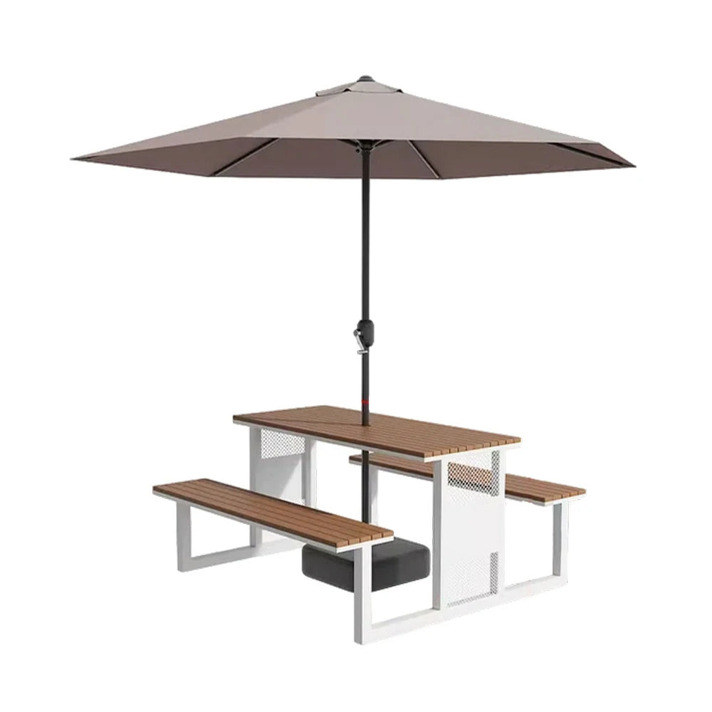 SOLARA Outdoor Table, Chair & Umbrella Set 120/160/200cm High-Temp Coated Steel Frame Strong Load-Bearing Waterproof Plastic-Wood Smooth Finish - White