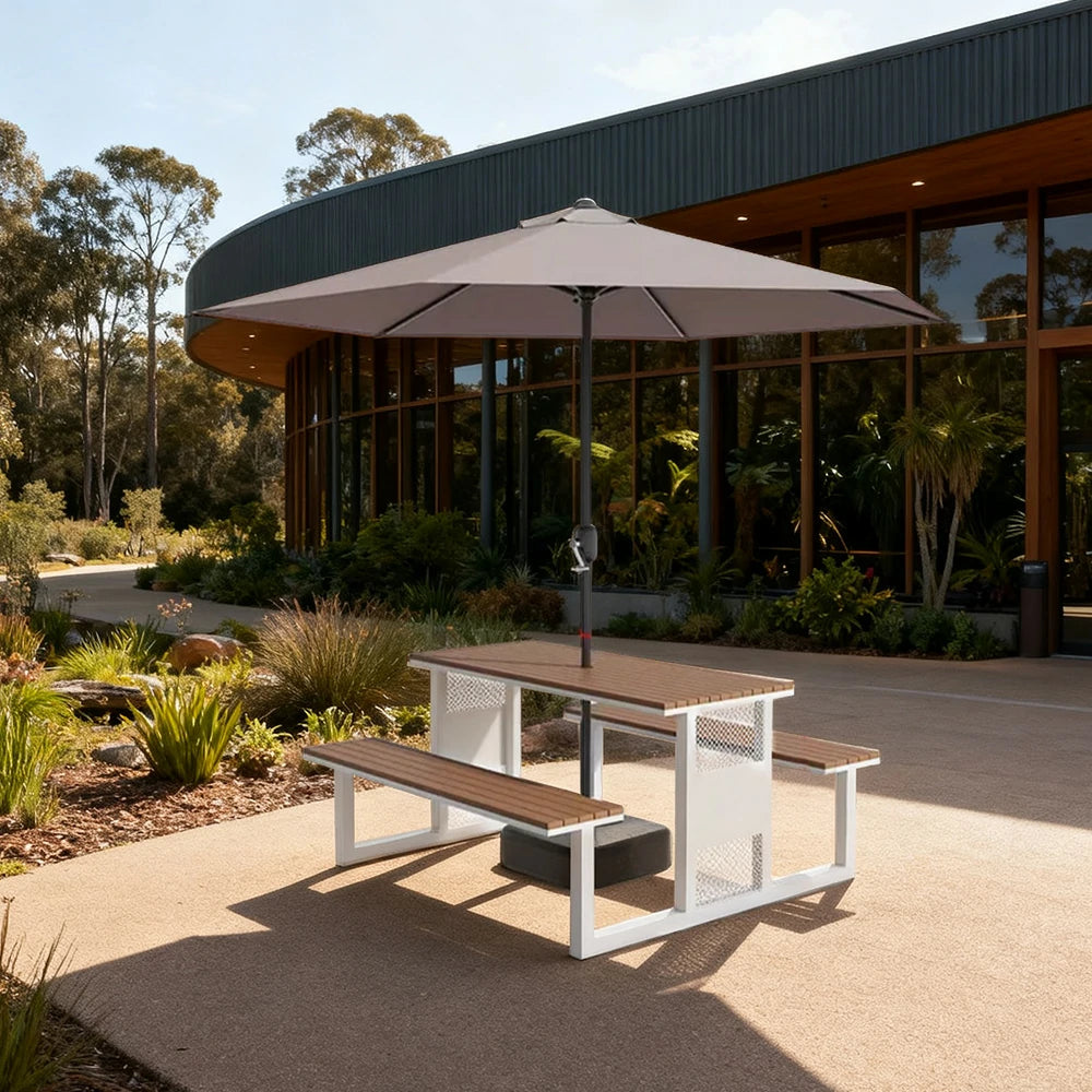 SOLARA Outdoor Table, Chair & Umbrella Set 120/160/200cm High-Temp Coated Steel Frame Strong Load-Bearing Waterproof Plastic-Wood Smooth Finish - White