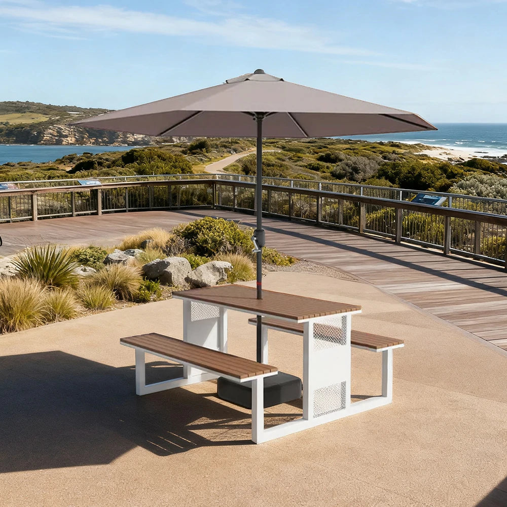 SOLARA Outdoor Table, Chair & Umbrella Set 120/160/200cm High-Temp Coated Steel Frame Strong Load-Bearing Waterproof Plastic-Wood Smooth Finish - White