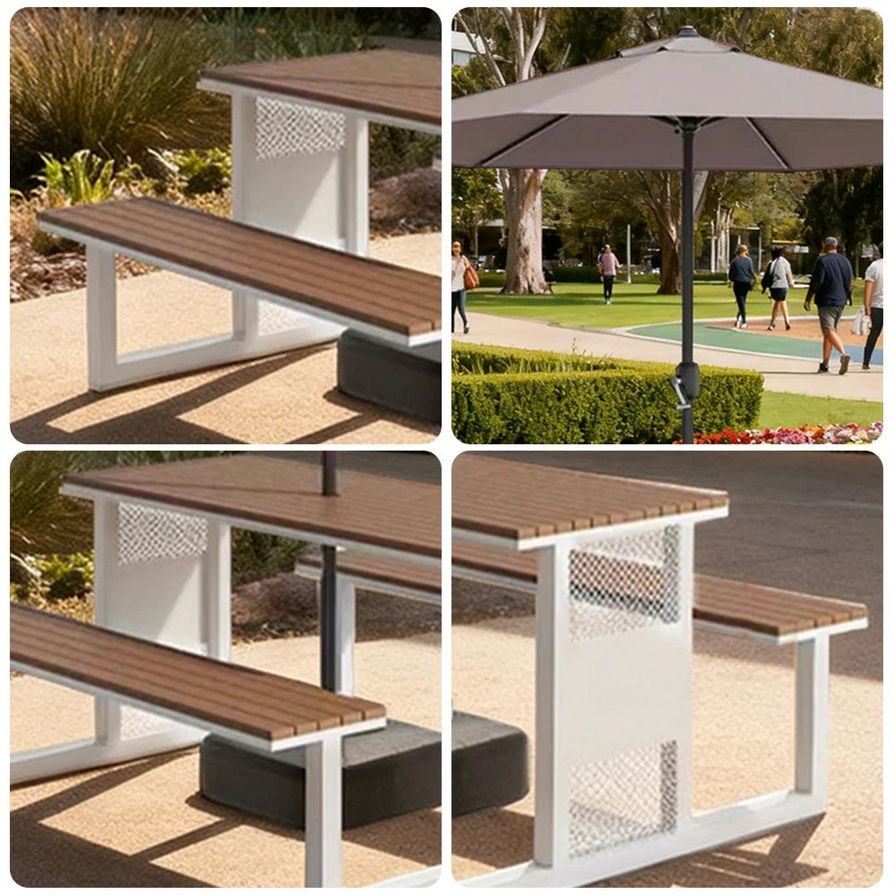 SOLARA Outdoor Table, Chair & Umbrella Set 120/160/200cm High-Temp Coated Steel Frame Strong Load-Bearing Waterproof Plastic-Wood Smooth Finish - White