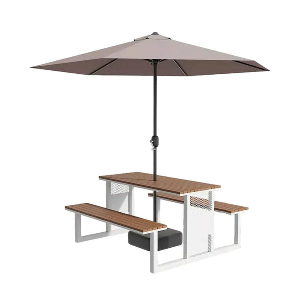 SOLARA Outdoor Table, Chair & Umbrella Set 120/160/200cm High-Temp Coated Steel Frame Strong Load-Bearing Waterproof Plastic-Wood Smooth Finish - White