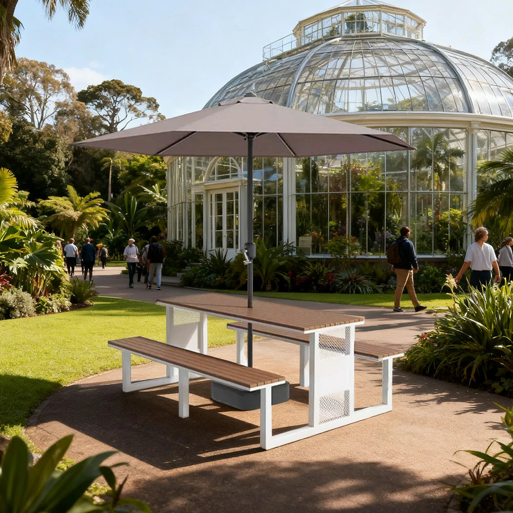 SOLARA Outdoor Table, Chair & Umbrella Set 120/160/200cm High-Temp Coated Steel Frame Strong Load-Bearing Waterproof Plastic-Wood Smooth Finish - White