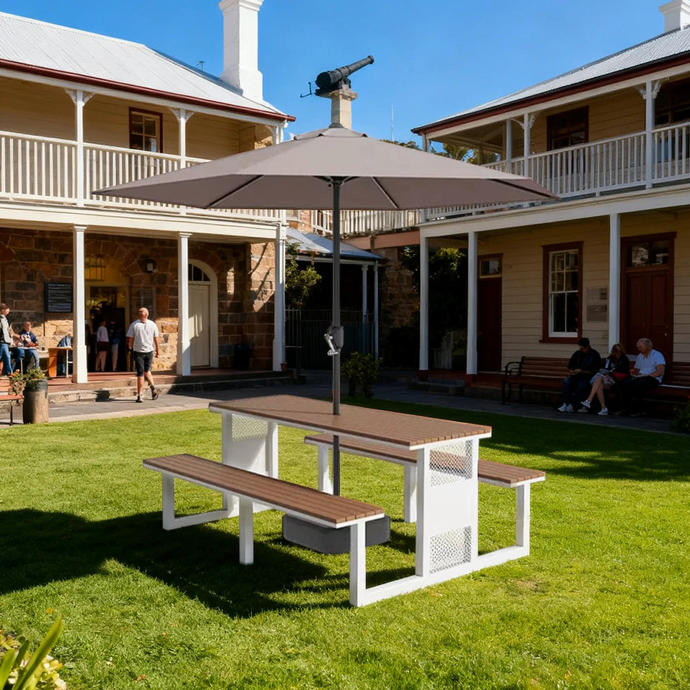 SOLARA Outdoor Table, Chair & Umbrella Set 120/160/200cm High-Temp Coated Steel Frame Strong Load-Bearing Waterproof Plastic-Wood Smooth Finish - White