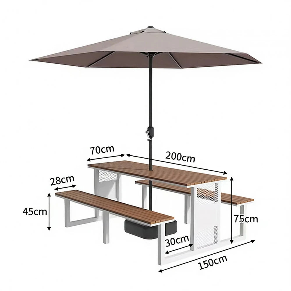 SOLARA Outdoor Table, Chair & Umbrella Set 120/160/200cm High-Temp Coated Steel Frame Strong Load-Bearing Waterproof Plastic-Wood Smooth Finish - White