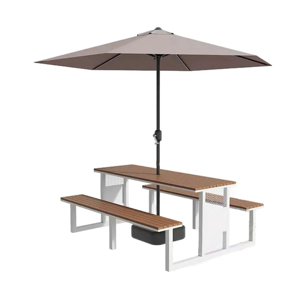 SOLARA Outdoor Table, Chair & Umbrella Set 120/160/200cm High-Temp Coated Steel Frame Strong Load-Bearing Waterproof Plastic-Wood Smooth Finish - White