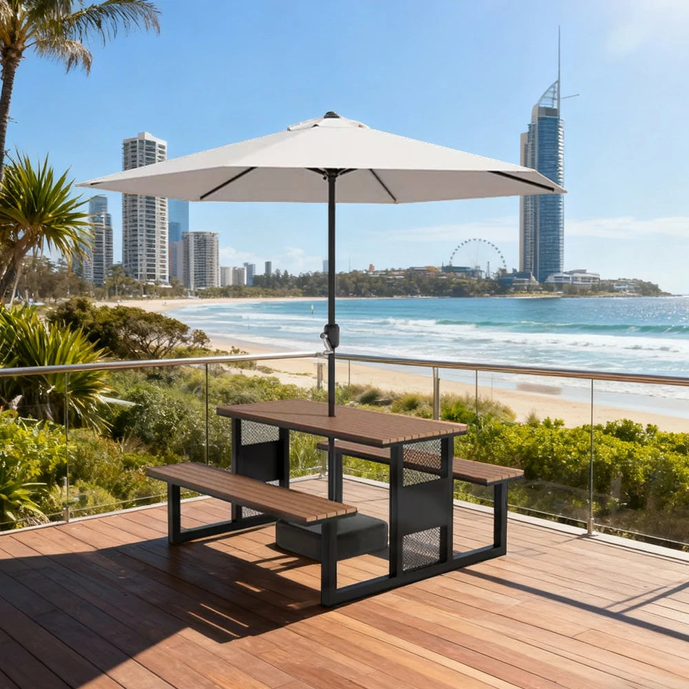 SOLARA Outdoor Table, Chair & Umbrella Set 120/160/200cm High-Temp Coated Steel Frame Strong Load-Bearing Waterproof Plastic-Wood Smooth Finish - Black