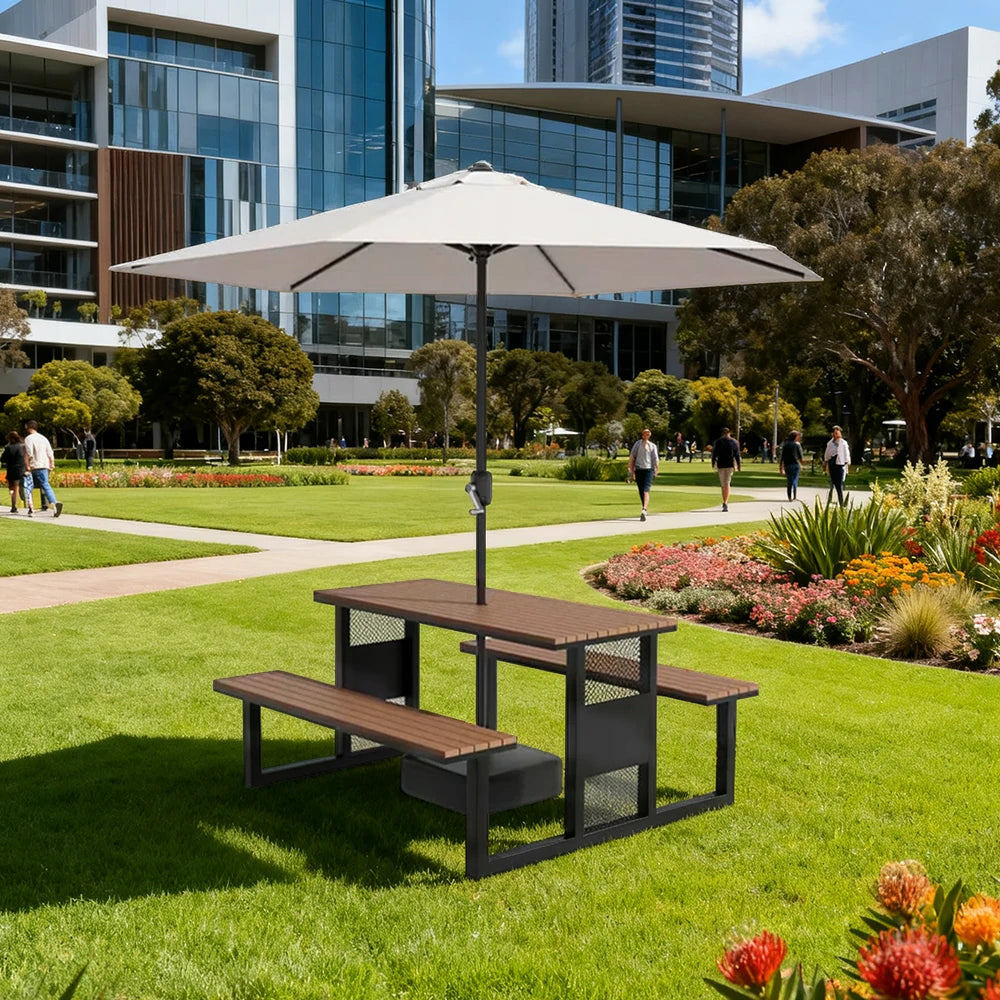 SOLARA Outdoor Table, Chair & Umbrella Set 120/160/200cm High-Temp Coated Steel Frame Strong Load-Bearing Waterproof Plastic-Wood Smooth Finish - Black