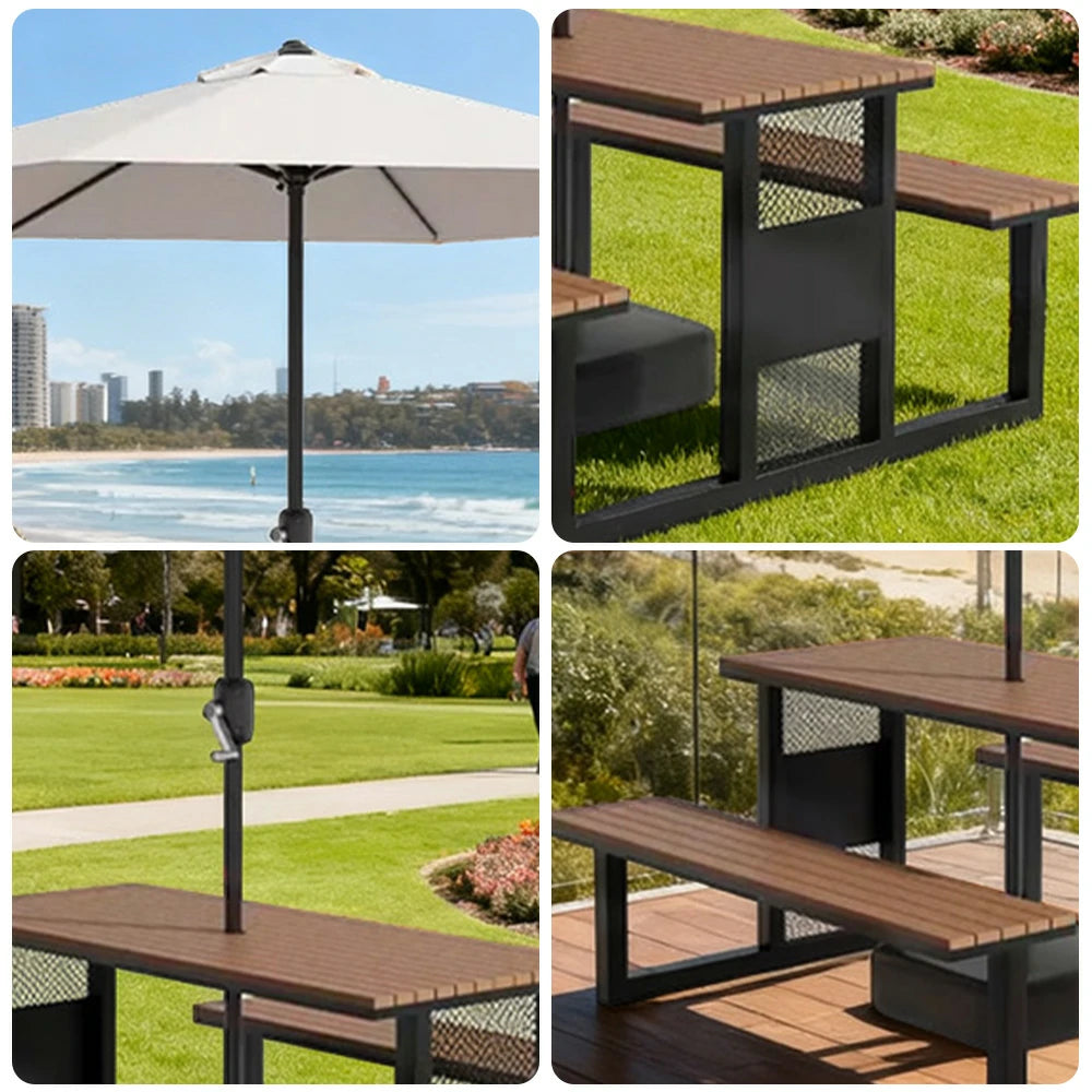 SOLARA Outdoor Table, Chair & Umbrella Set 120/160/200cm High-Temp Coated Steel Frame Strong Load-Bearing Waterproof Plastic-Wood Smooth Finish - Black