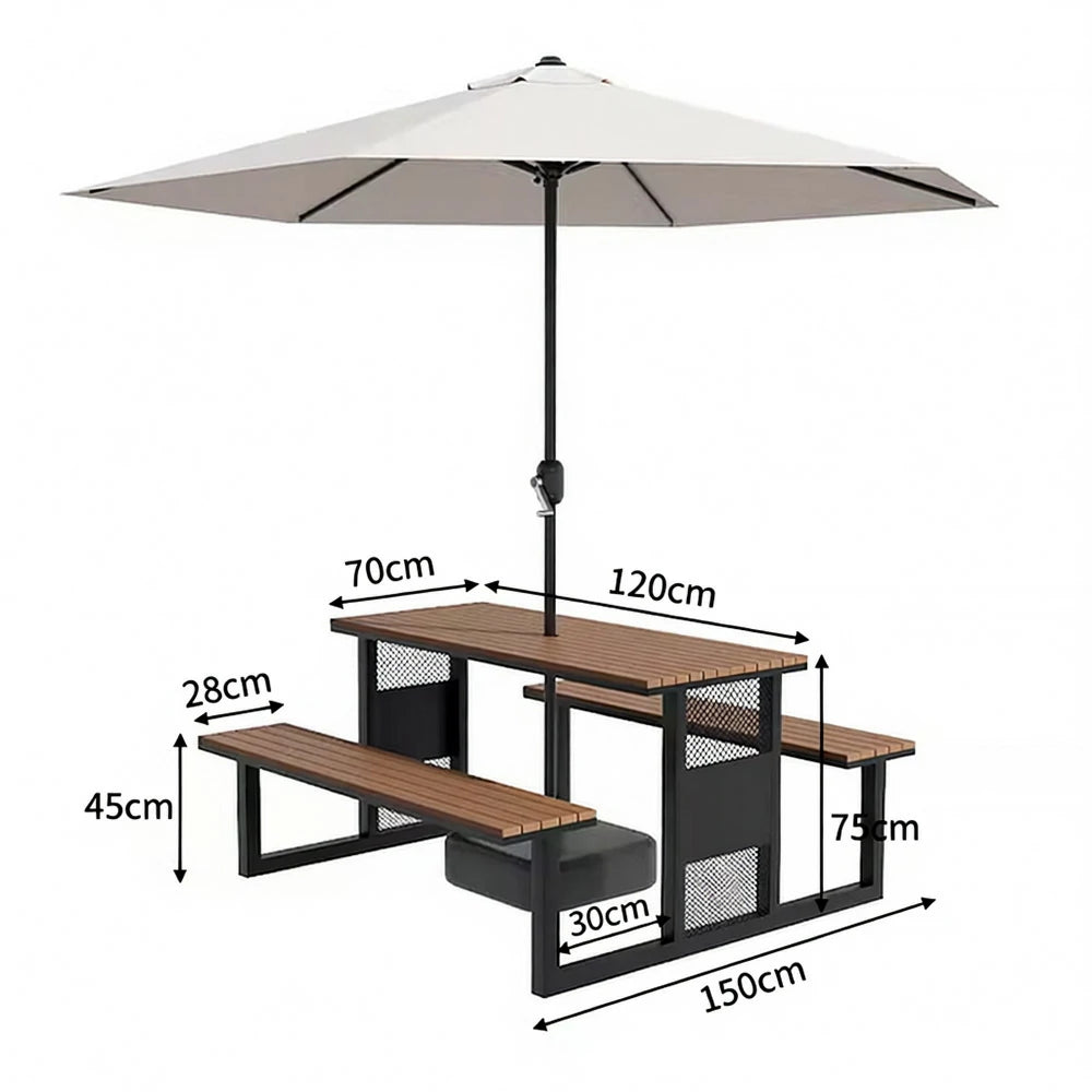 SOLARA Outdoor Table, Chair & Umbrella Set 120/160/200cm High-Temp Coated Steel Frame Strong Load-Bearing Waterproof Plastic-Wood Smooth Finish - Black