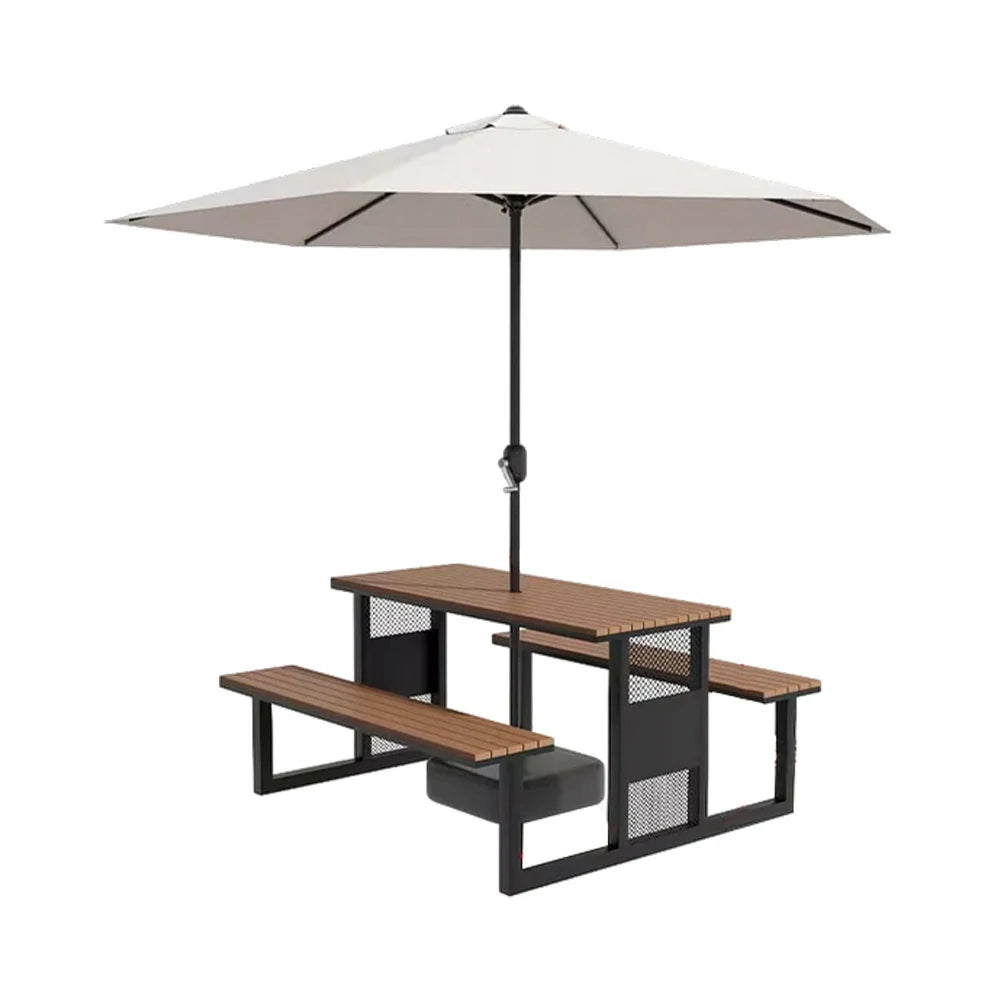 SOLARA Outdoor Table, Chair & Umbrella Set 120/160/200cm High-Temp Coated Steel Frame Strong Load-Bearing Waterproof Plastic-Wood Smooth Finish - Black