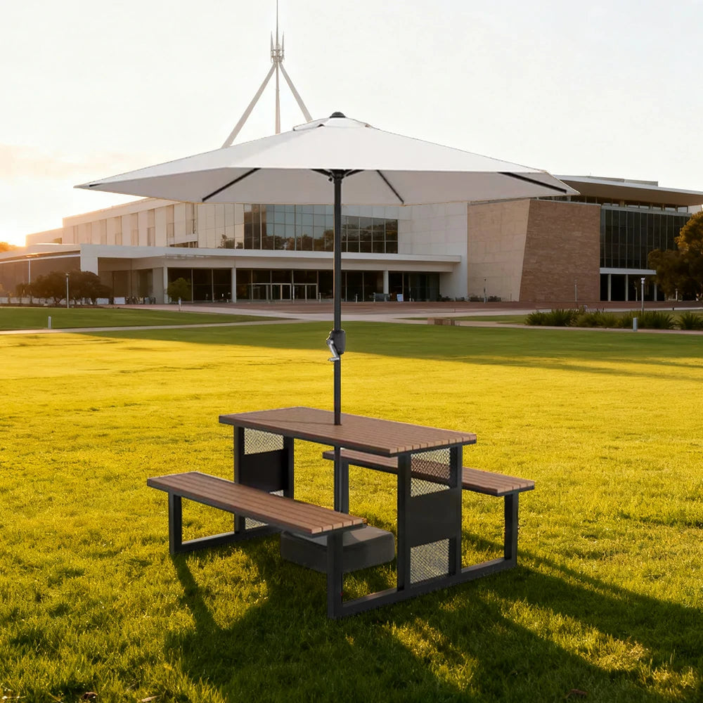 SOLARA Outdoor Table, Chair & Umbrella Set 120/160/200cm High-Temp Coated Steel Frame Strong Load-Bearing Waterproof Plastic-Wood Smooth Finish - Black