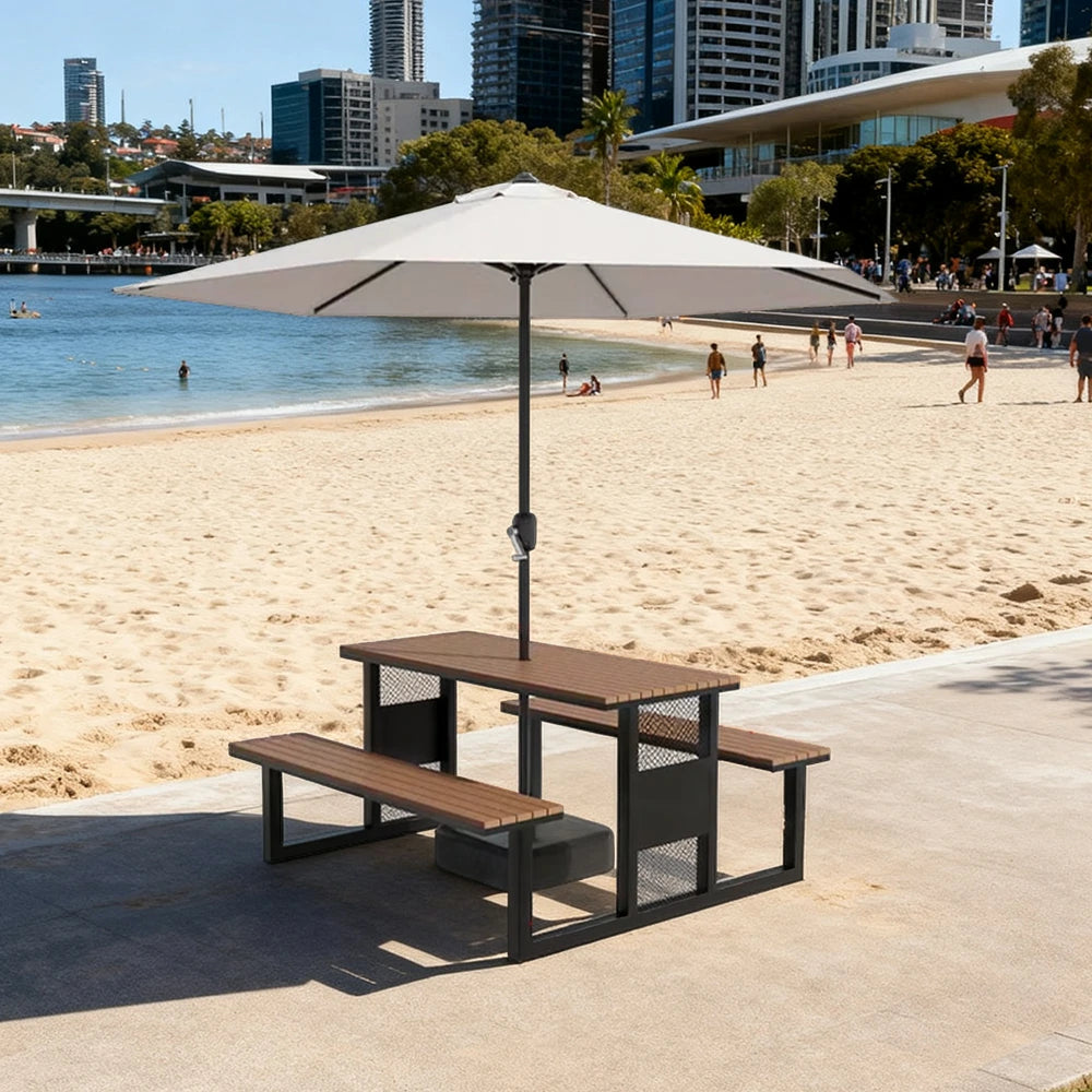 SOLARA Outdoor Table, Chair & Umbrella Set 120/160/200cm High-Temp Coated Steel Frame Strong Load-Bearing Waterproof Plastic-Wood Smooth Finish - Black