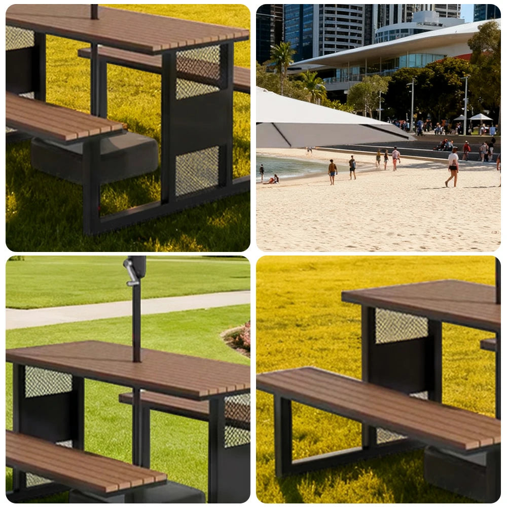 SOLARA Outdoor Table, Chair & Umbrella Set 120/160/200cm High-Temp Coated Steel Frame Strong Load-Bearing Waterproof Plastic-Wood Smooth Finish - Black