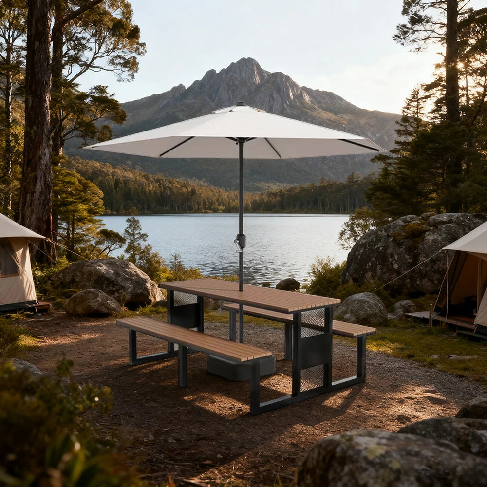 SOLARA Outdoor Table, Chair & Umbrella Set 120/160/200cm High-Temp Coated Steel Frame Strong Load-Bearing Waterproof Plastic-Wood Smooth Finish - Black