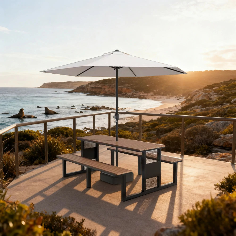 SOLARA Outdoor Table, Chair & Umbrella Set 120/160/200cm High-Temp Coated Steel Frame Strong Load-Bearing Waterproof Plastic-Wood Smooth Finish - Black