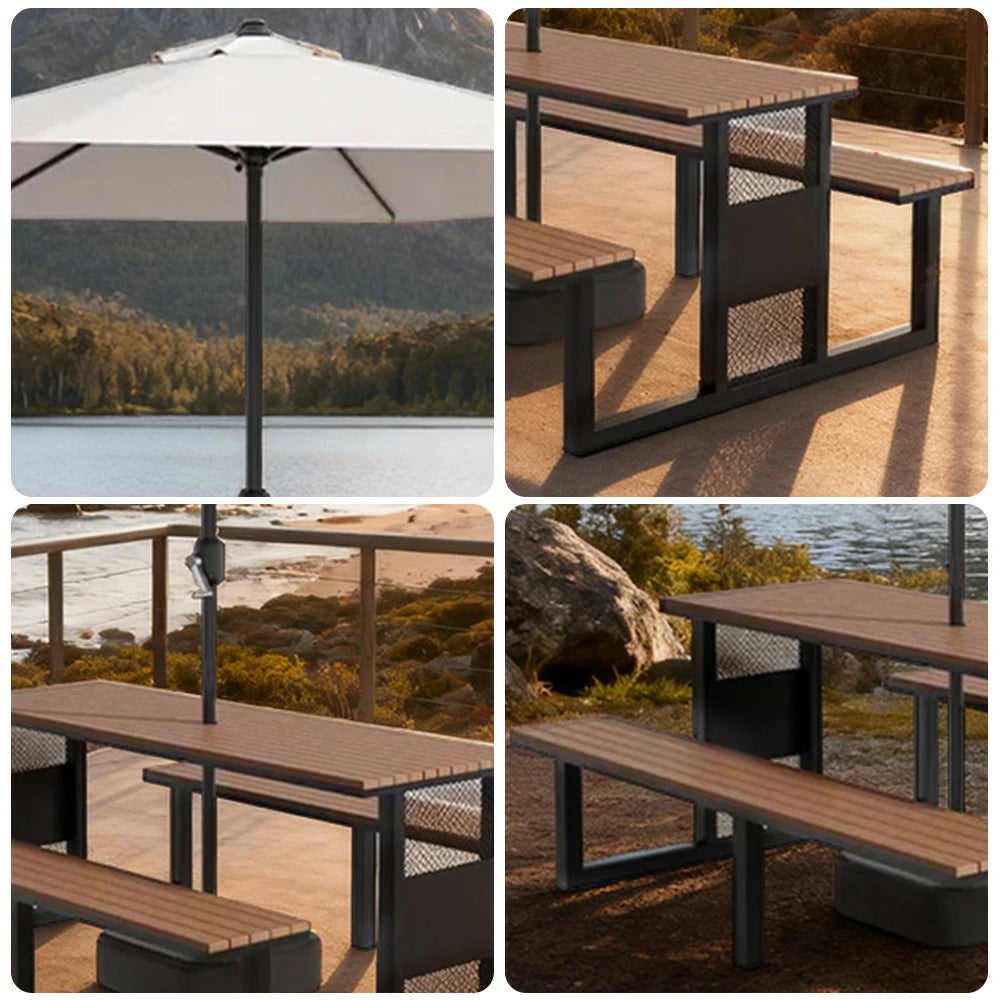 SOLARA Outdoor Table, Chair & Umbrella Set 120/160/200cm High-Temp Coated Steel Frame Strong Load-Bearing Waterproof Plastic-Wood Smooth Finish - Black