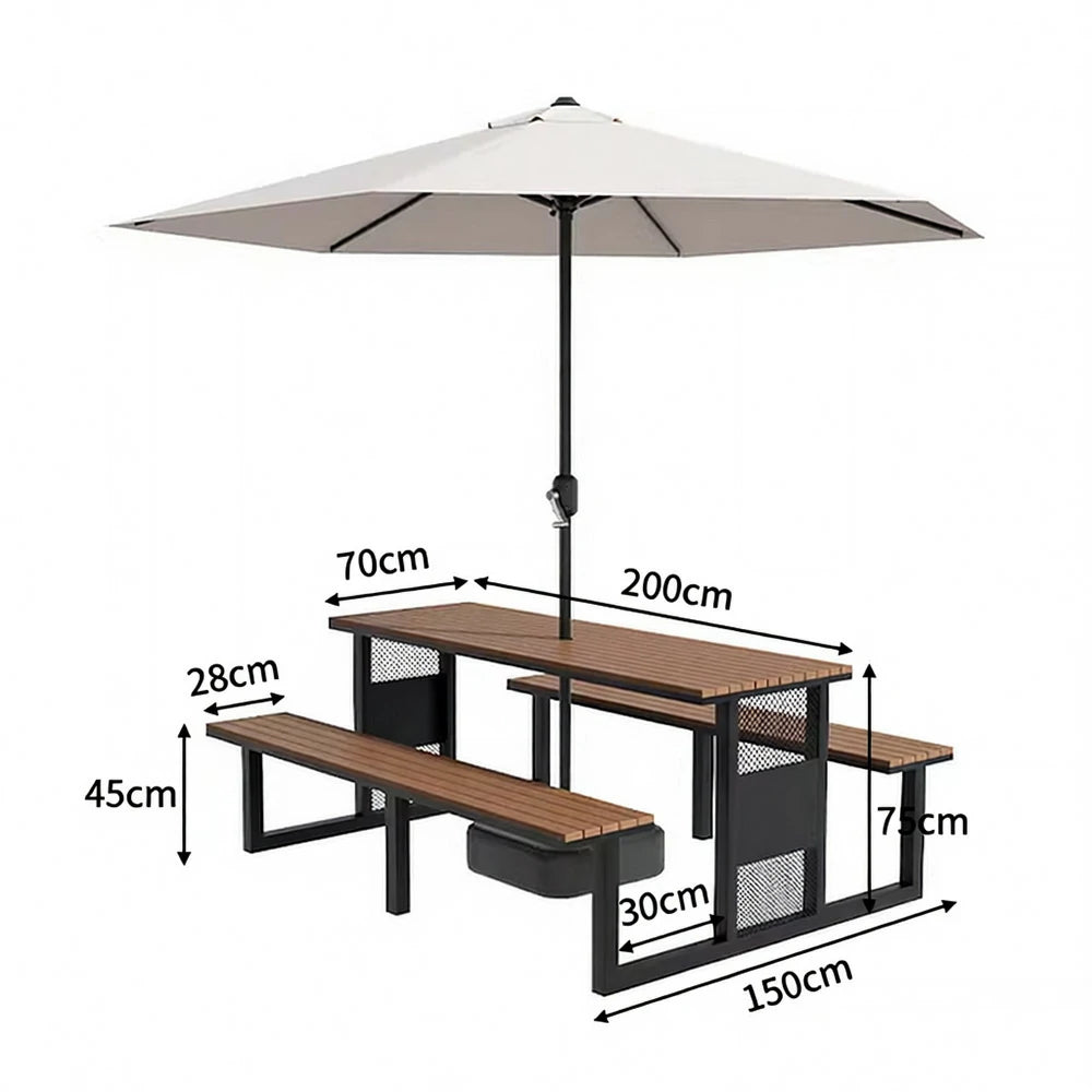 SOLARA Outdoor Table, Chair & Umbrella Set 120/160/200cm High-Temp Coated Steel Frame Strong Load-Bearing Waterproof Plastic-Wood Smooth Finish - Black