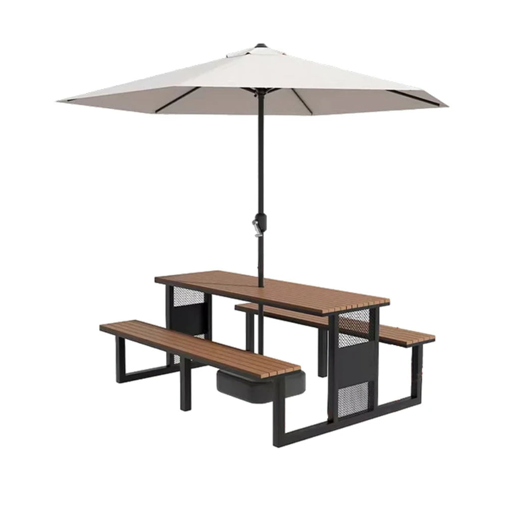 SOLARA Outdoor Table, Chair & Umbrella Set 120/160/200cm High-Temp Coated Steel Frame Strong Load-Bearing Waterproof Plastic-Wood Smooth Finish - Black