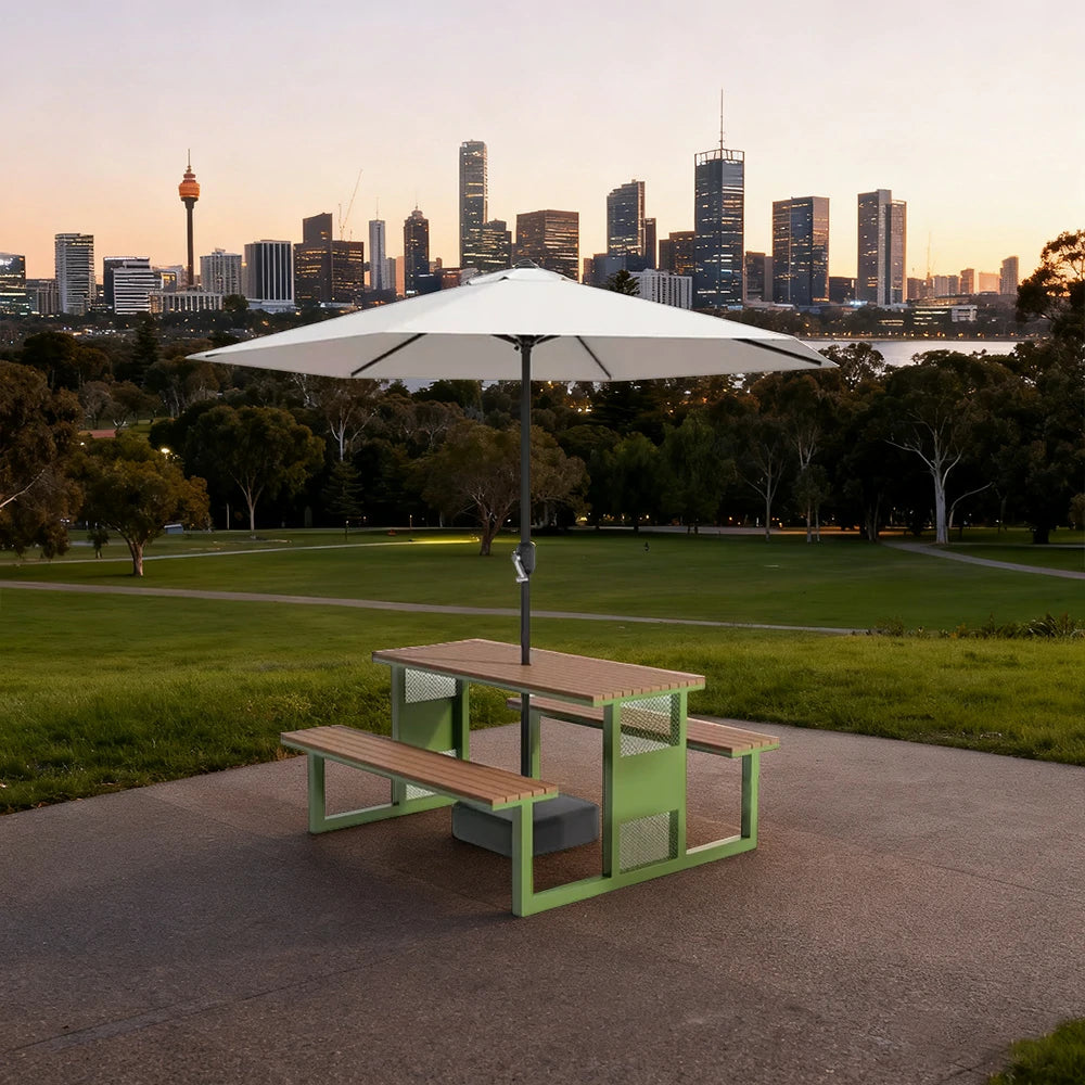 SOLARA Outdoor Table, Chair & Umbrella Set 120/160/200cm High-Temp Coated Steel Frame Strong Load-Bearing Waterproof Plastic-Wood Smooth Finish - Green